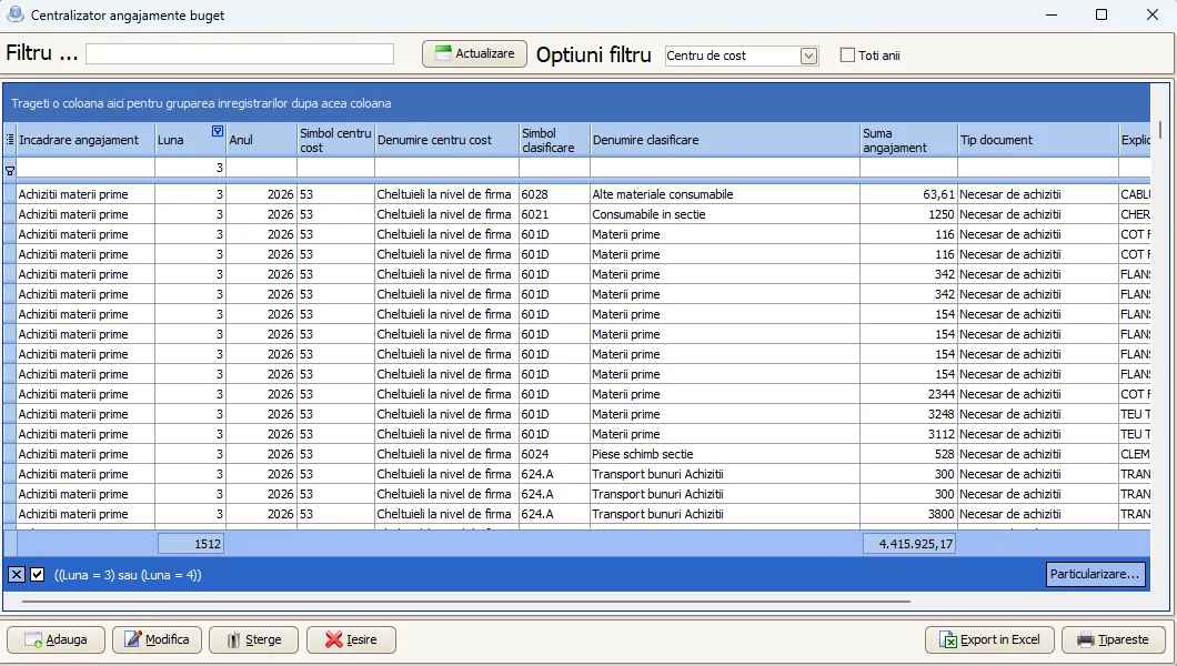 Centralizator angajamente buget în Smartis ERP