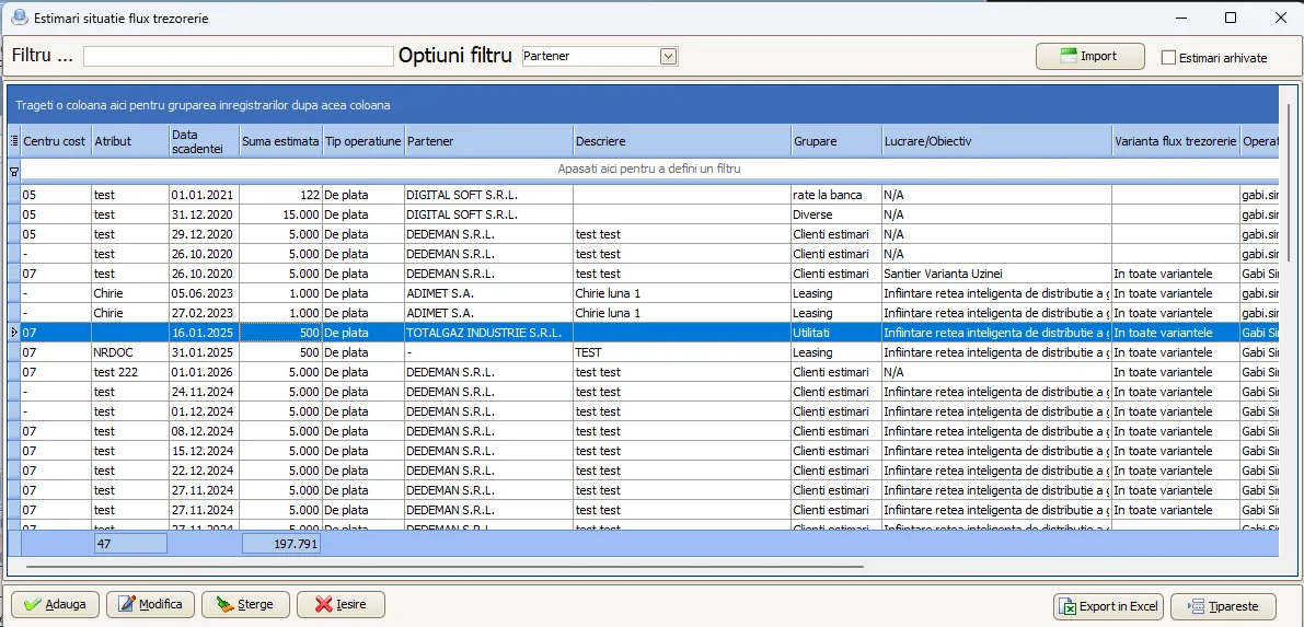 Estimări flux trezorerie în Smartis ERP