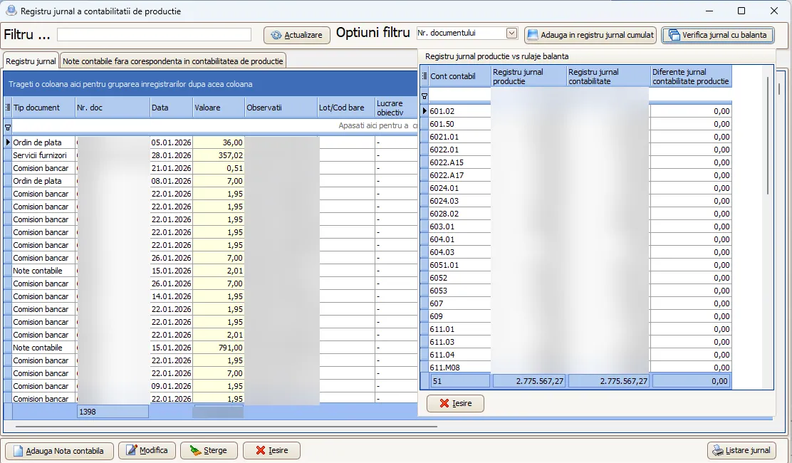 Verificarea registrului de producție cu balanța în Smartis ERP