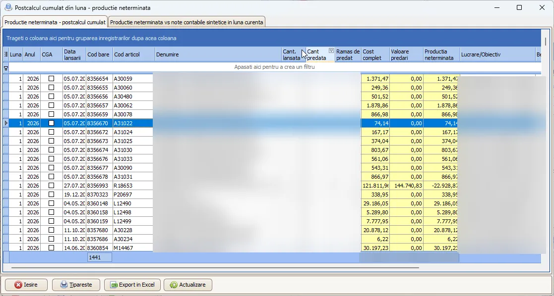Postcalcul cumulat — producție neterminată în Smartis ERP
