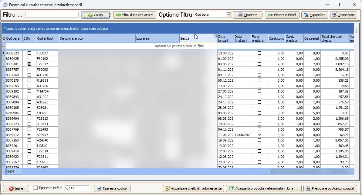 Postcalcul cumulat pe comenzi în Smartis ERP