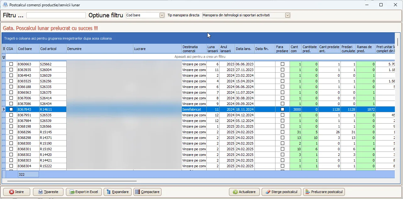 Postcalcul lunar pe comenzi în Smartis ERP