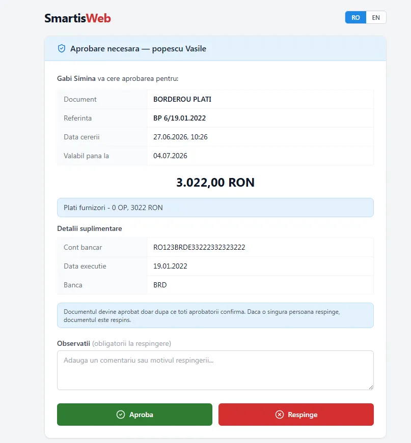 Pagina de aprobare borderou în SmartisWeb