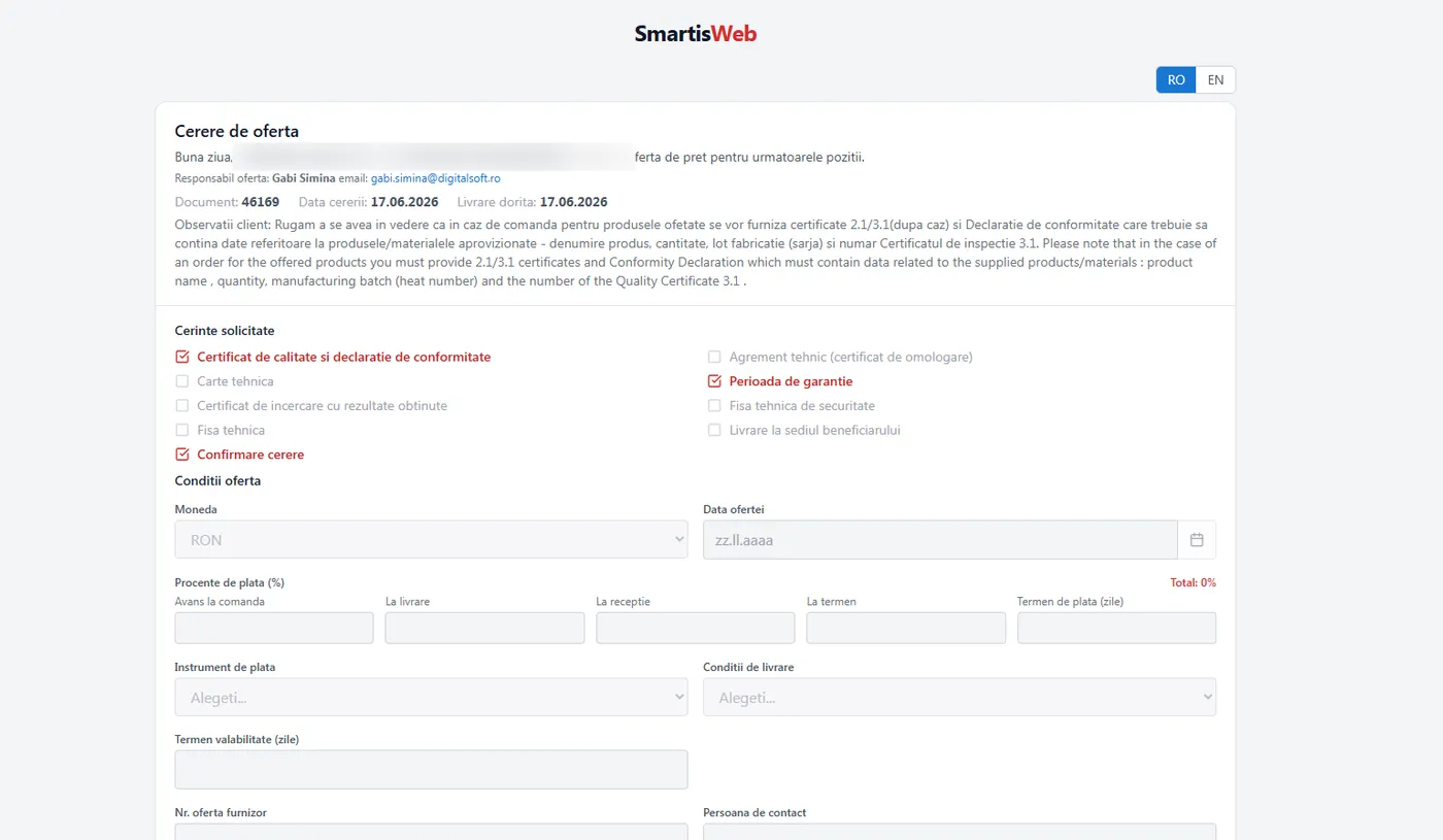 Formular web unde furnizorul introduce prețuri și condiții (web.smartis.ro)